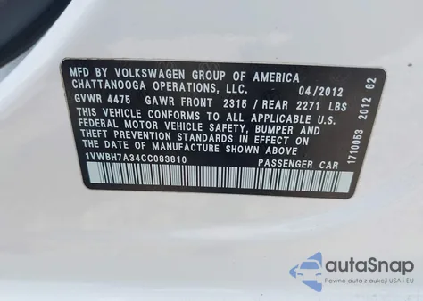 2012 Volkswagen Passat 2.5L Se z USA, uszkodzony, nr VIN 1VWBH7A34CC083810